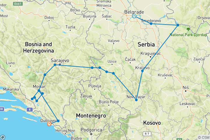 Map of Year-round Serbia +Bosnia 15 days discovery tour from Belgrade. A road trip across the largest former Yugoslavian countries. It offers truly spectacular experiences all the way.