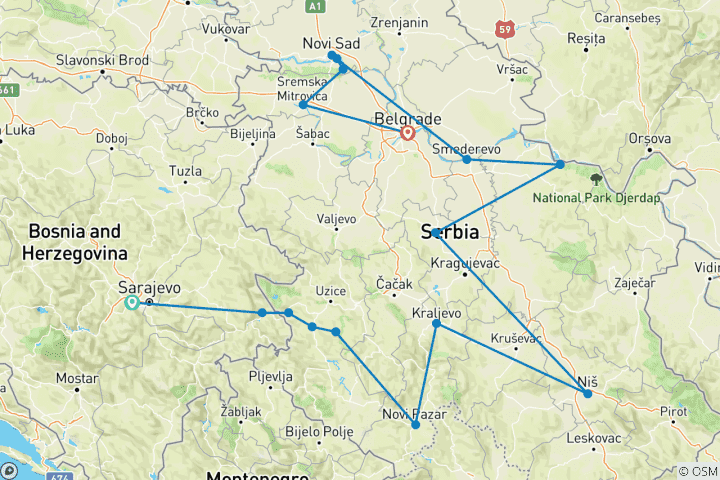 Map of Year-round Serbia discovery 14 days tour from Sarajevo. Serbia: land of monasteries, Roman villas, fortresses, rivers and scenic roads.