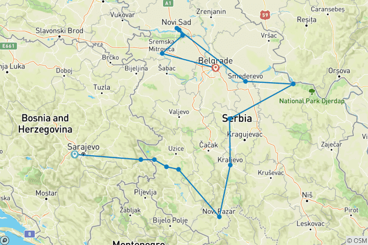 Map of All seasons Serbia discovery 11 days tour from Sarajevo. Roman traces, medieval monasteries, historical fortresses, beautiful nature, tasty food and scenic roads.