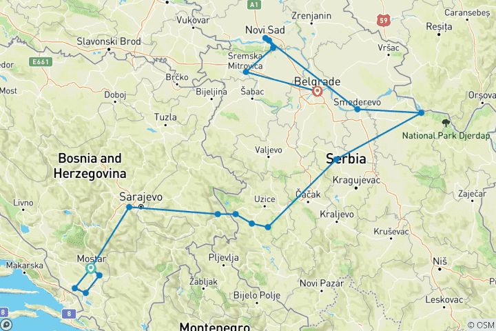 Mapa de Todo el año Bosnia+Serbia 12 días de viaje descubrimiento desde Mostar.