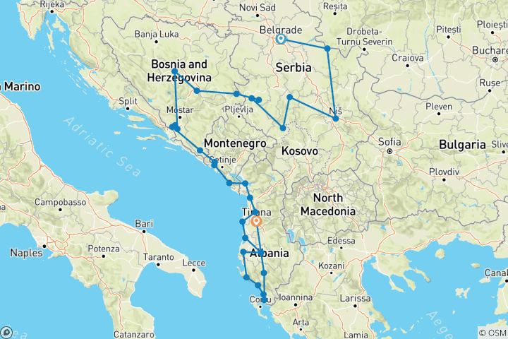 Map of Trans-Balkan year-round 39 days tour Serbia +Bosnia +Montenegro +Albania from Belgrade. Roadtrip across 4 Balkans countries. Scenic roads, Roman traces, impressive nature, gorgeous beaches, rich history and delicious cuisine.