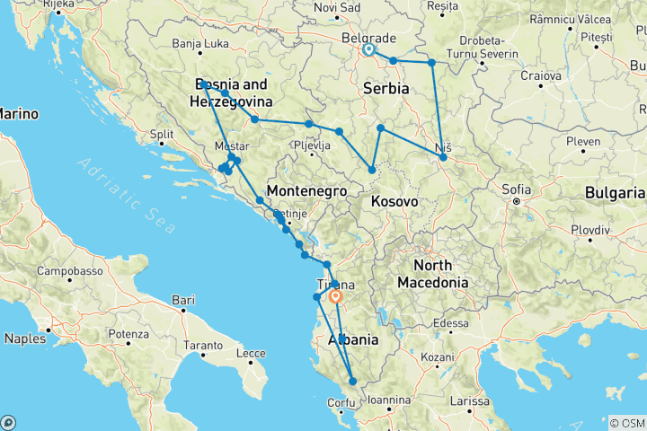 Map of Year-round 31 days tour across Serbia +Bosnia +Montenegro +Albania from Belgrade. The Balkans: impressive history, delicious cuisine, ancient monasteries, medieval towns,  striking nature and vibrant nightlife.