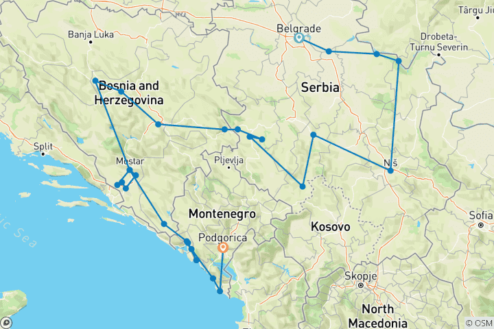 Map of Year-round 27 days tour across Serbia +Bosnia +Montenegro from Belgrade. Former Yugoslavia countries roadtrip. Medieval monasteries and fortresses; plenty of stunning nature, culture, history, architecture, art, and delicious cuisine.