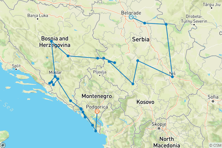 Carte du circuit Circuit annuel de 23 jours en Serbie + Bosnie + Monténégro au départ de Belgrade. Roadtrip à travers les pays de l'ex- Yougoslavie avec d'anciens monastères, des forteresses médiévales, un riche patrimoine culturel, une nature impressionnante et une…