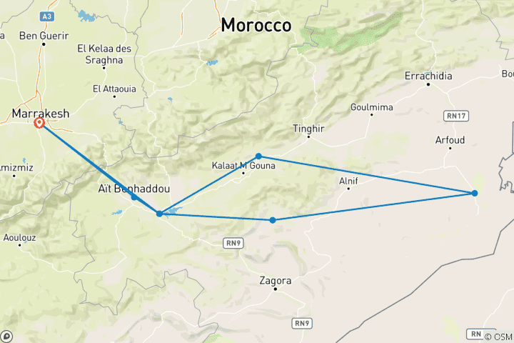 Kaart van Tocht door de woestijn naar Merzouga - luxe-camp - 3 dagen