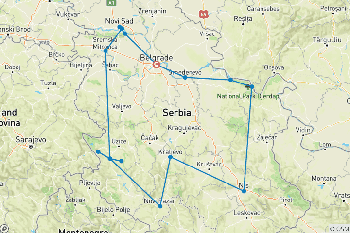 Map of Year-round Serbia 17 days discovery tour from Belgrade. Beautiful road trip across the largest former Yugoslavia country. Plenty of fascinating history, culture, nature, architecture, and delicious cuisine.