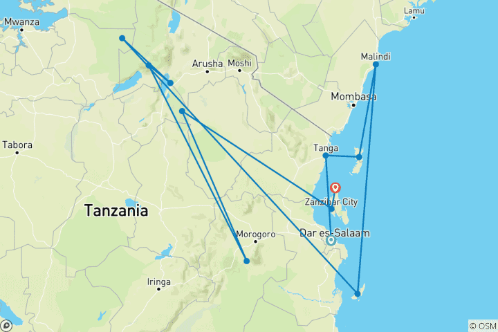 Mapa de Lo más destacado safari por Tanzania y Zanzíbar