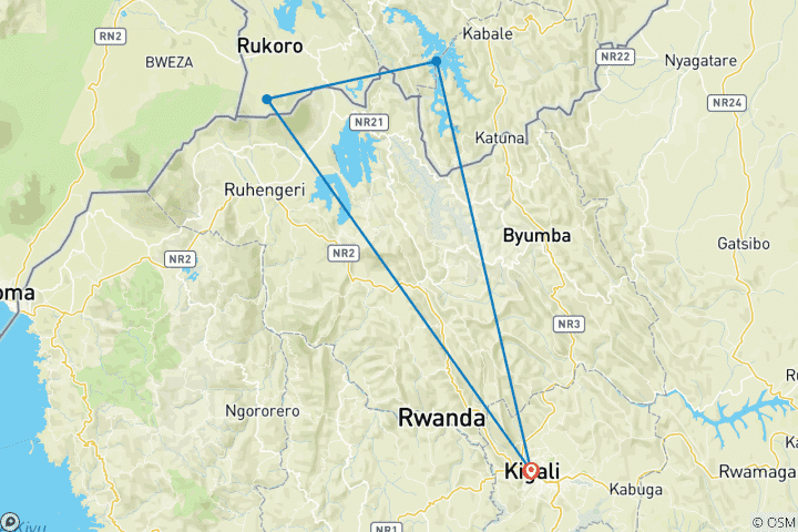 Carte du circuit 4 jours de trekking pour les gorilles en Ouganda avec un départ et une arrivée au Rwanda.