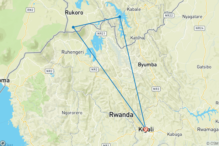 Carte du circuit 4 jours de trekking pour les gorilles en Ouganda avec un départ et une arrivée au Rwanda.
