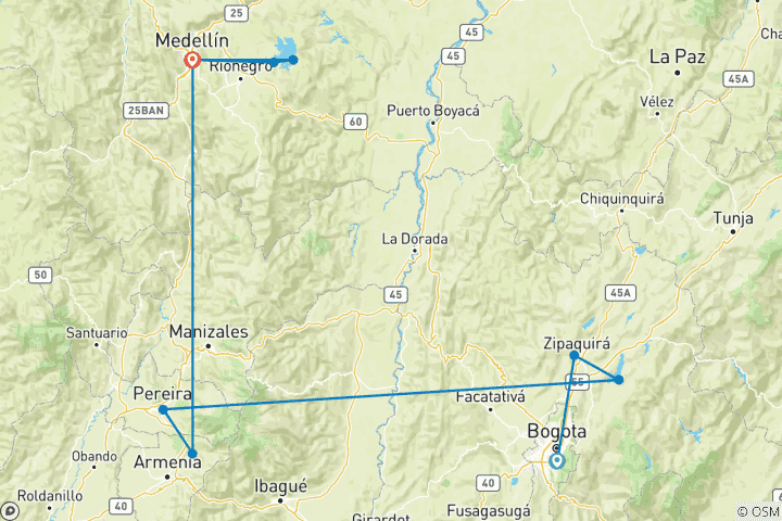 Carte du circuit Escapade dans les hauts plateaux colombiens