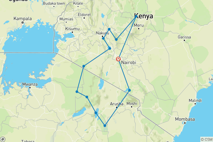 Carte du circuit Safari combiné de 15 jours au Kenya et en Tanzanie