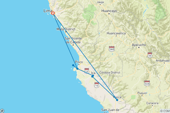 Kaart van De Ballestaseilanden, Ica, de Huacachina-oase & de Nazca-lijnen – 2 dagen