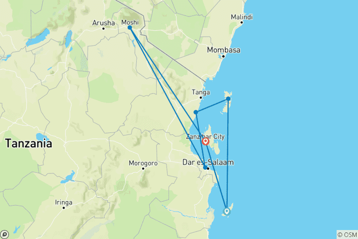 Carte du circuit 7 jours à Zanzibar Beach-Holidays comprend l'hébergement, un guide expert, les repas, le transport.