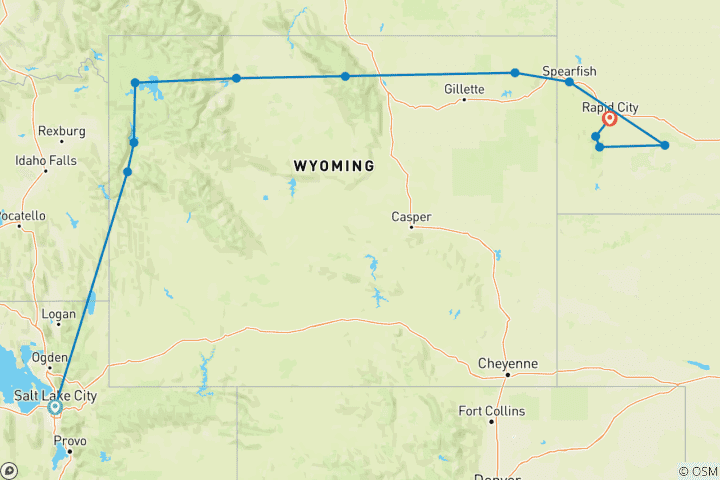 Map of American Parks Trail (Classic, End Rapid City, 9 Days, Custer To Rapid City Included Departure Transfer) (including Bighorn National Forest)