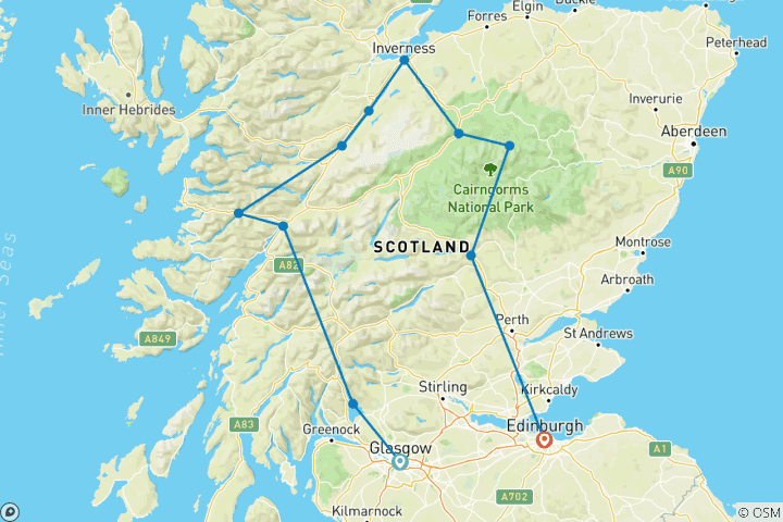Carte du circuit Goût de l'Écosse - Circuit de 8 jours en voiture