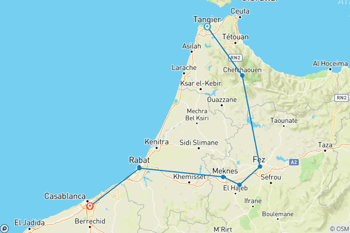 Map of 6 Days Tour from Tangier to Casablanca (Private)