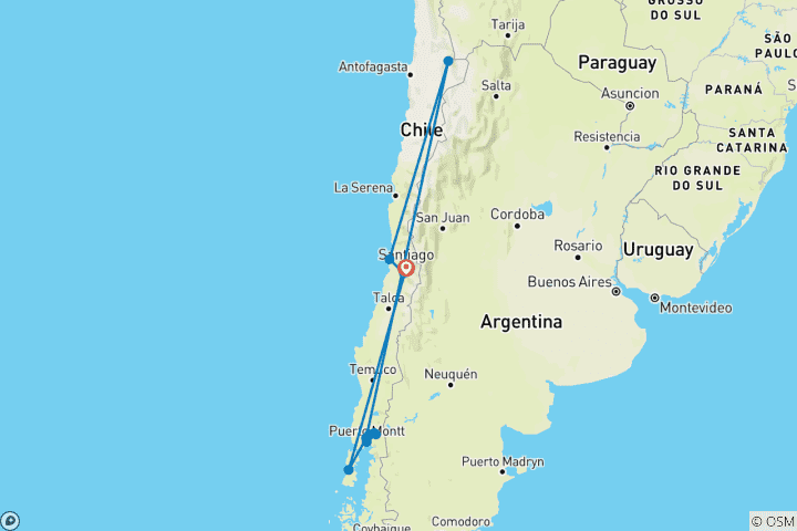 Map of Santiago, San Pedro de Atacama and Puerto Varas