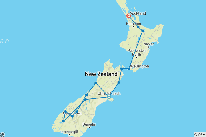 Carte du circuit Circuit incontournable de Christchurch à Auckland - 14 jours