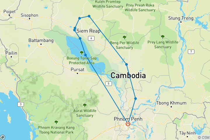 Karte von Kambodscha Highlights: 8 Tage Privatreise Rundreise von Phnom Penh nach Siem Reap
