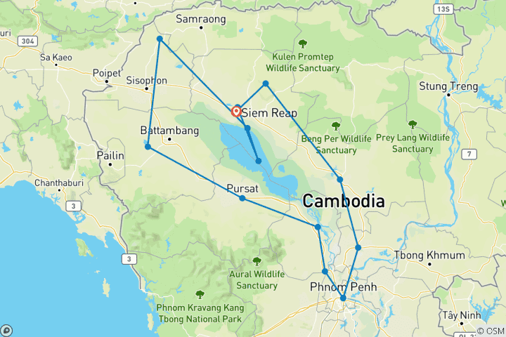 Carte du circuit Circuit privé de 10 jours au Cambodge