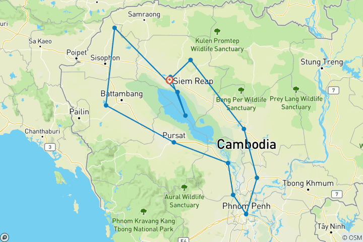 Map of Private Cambodia Highlight 10 Days Tour