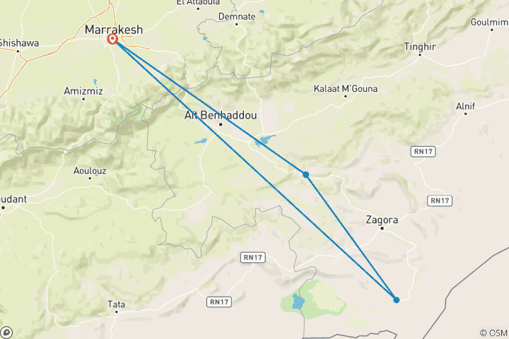 Kaart van Marrakech Woestijnreis Chigaga Duinen Paardrijden Kameel Sandboarden
