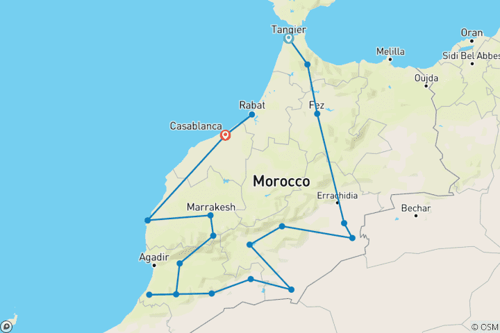 Map of 22 Days Tour From Tangier To Marrakech (Private)