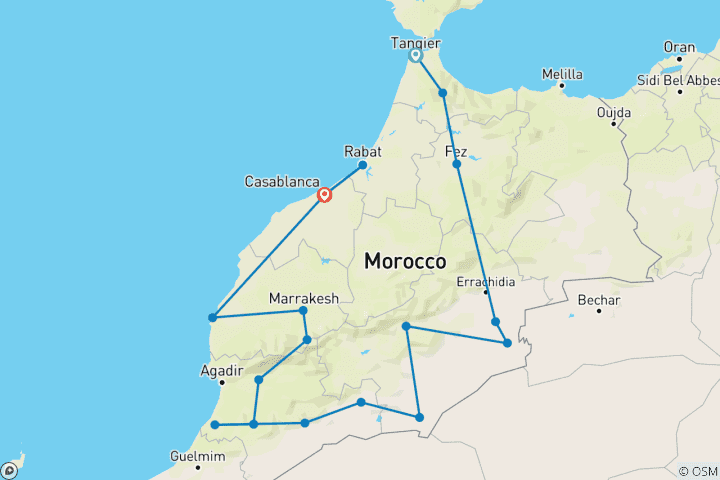 Carte du circuit Circuit de 22 jours de Tanger à Marrakech (privé)