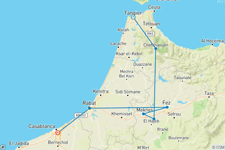 Karte von 6 Tage Entdeckungsreise durch Nordmarokko: Tanger, Chefchaouen, Fes & Casablanca Privat)