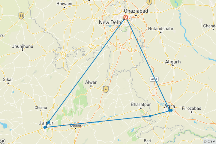 Kaart van Gouden Driehoek Rondreis - Delhi Agra Jaipur