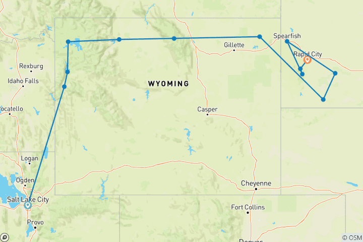 Map of American Parks Trail (Small Groups, End Rapid City, 9 Days, Custer To Rapid City Included Departure Transfer) (from Salt Lake City to Rapid City)