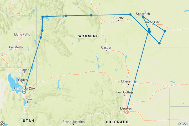 Map of American Parks Trail (Classic, End Denver, 9 Days, Denver Airport And Post Trip Hotel Transfer)