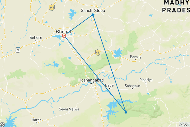 Map of Sanchi Bhimbetka Satpura Safari Tour