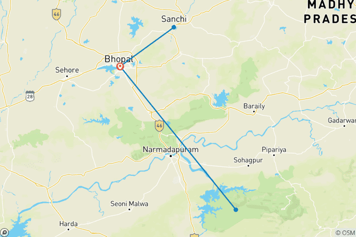 Kaart van Sanchi Bhimbetka Satpura Safari Rondreis door