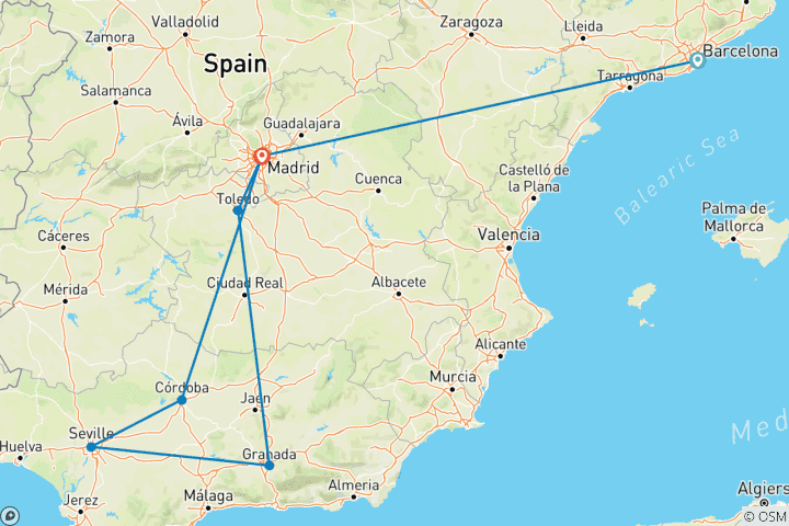 Mapa de Circuito de 9 Días de Barcelona a Madrid con Andalucía y Toledo