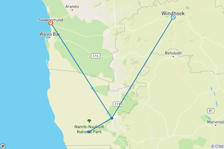 Map of 3 Day Sossusvlei Budget Safari (Windhoek-Swakop)