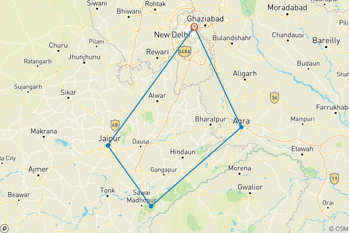 Map of 7 Day Golden Triangle Tour With Ranthambore (National Park)