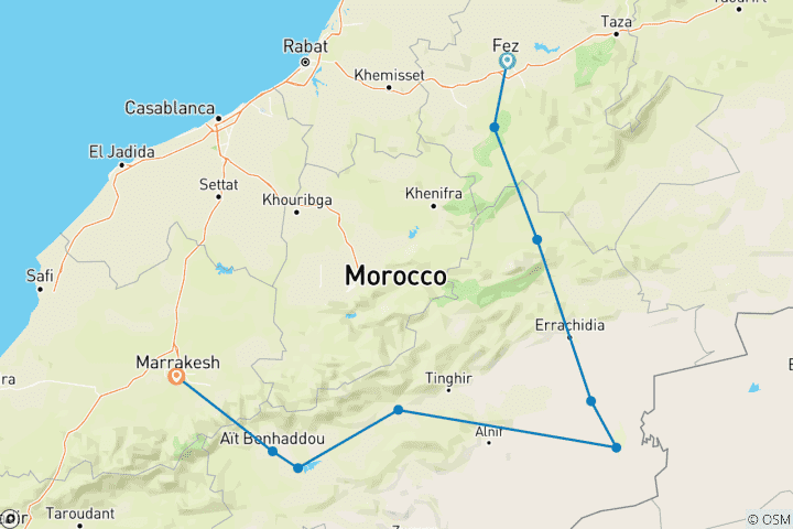 Map of 4 Days Private Tour from Fes to Marrakesh via the Sahara Desert