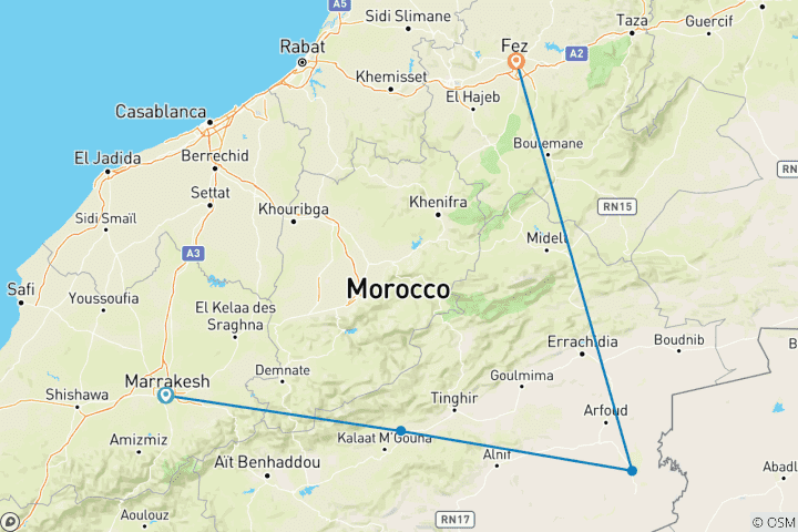 Map of 3 Days Desert Trip From Marrakesh To Fes (Private)