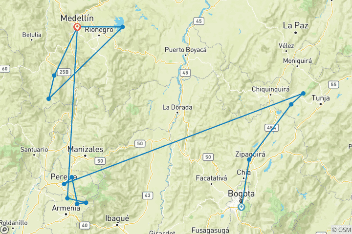 Map of 12 Day Heart Of Colombia Coffee And Culture