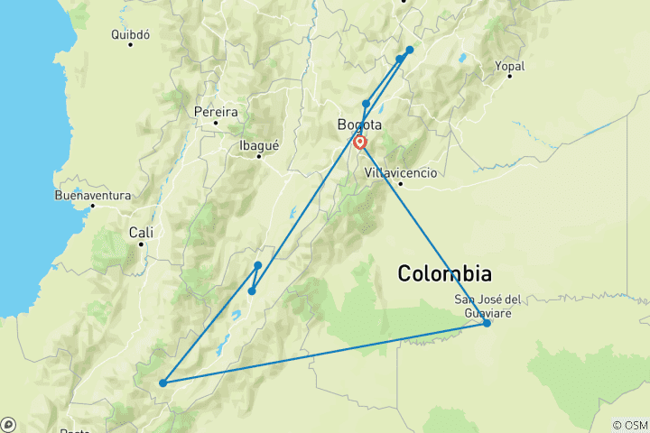 Map of 13 Day Historical Colombia – Villa De Leyva, Tatacoa, San Agustin, El Guaviare