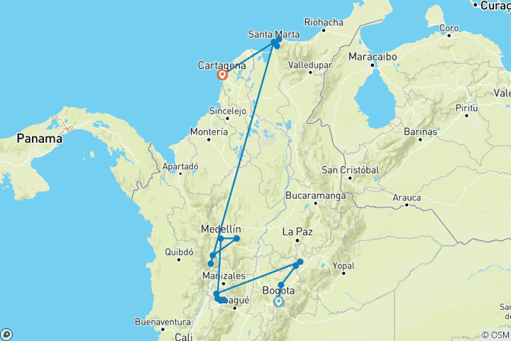 Kaart van Reis door Colombia – van Bogotá naar Cartagena – 19 dagen