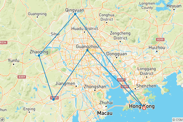 Kaart van Het wilde Kanton – Hong Kong, Guangzhou, Shunde, Kaiping, Mt Danxia, Yingxi & meer – 12 dagen