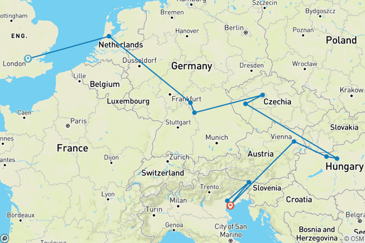 Carte du circuit Rhapsodie européenne (petits groupes, été, départ de Londres, 12 jours)