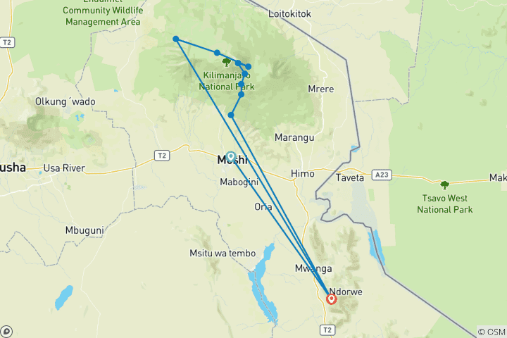 Map of 11 Days Climb Northern Circuit Route. + 2 Nights’ luxury Hotel stay