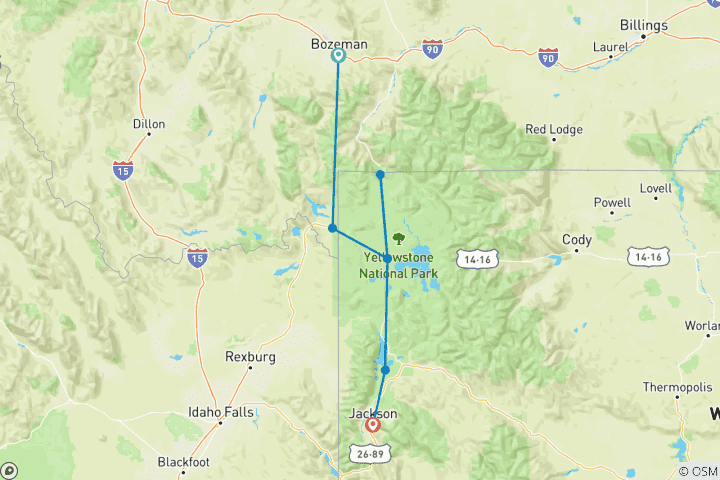 Carte du circuit Découverte de Yellowstone - classique, 7 jours