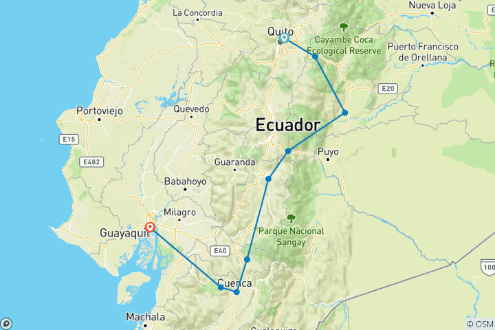 Kaart van Ecuador van Quito naar Guayaquil met Amazonegebied