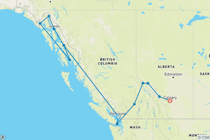 Karte von Spektakuläre Kanadische Rocky Mountains (mit Innenkabine) - 16 Tage (14 Destinationen)