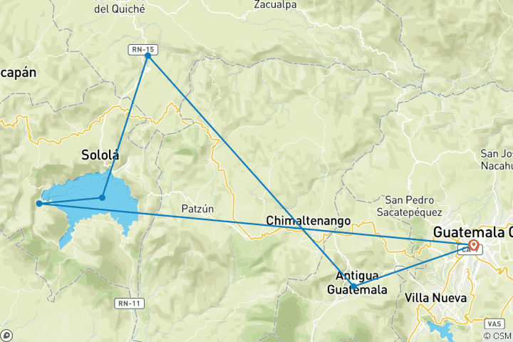 Carte du circuit Guatemala - Découvrir le Guatemala en 5 jours