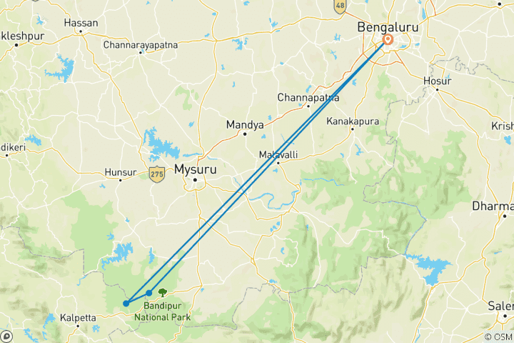 Carte du circuit 5 jours de visite du parc national de Bandipur avec Wayanad (TOUT COMPRIS)